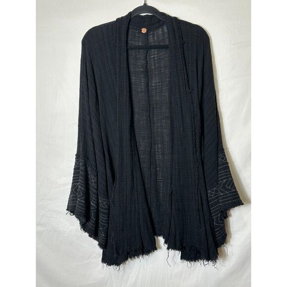 Free People FP One Kimono Jacket Large Black Wrap Embroidered Bell Sleeves - Picture 1 of 4